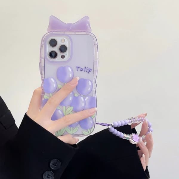 IC 2 dele lilla tulipan blomstrede rosetter til iPhone 13 Pro Max med kæde par telefon cover