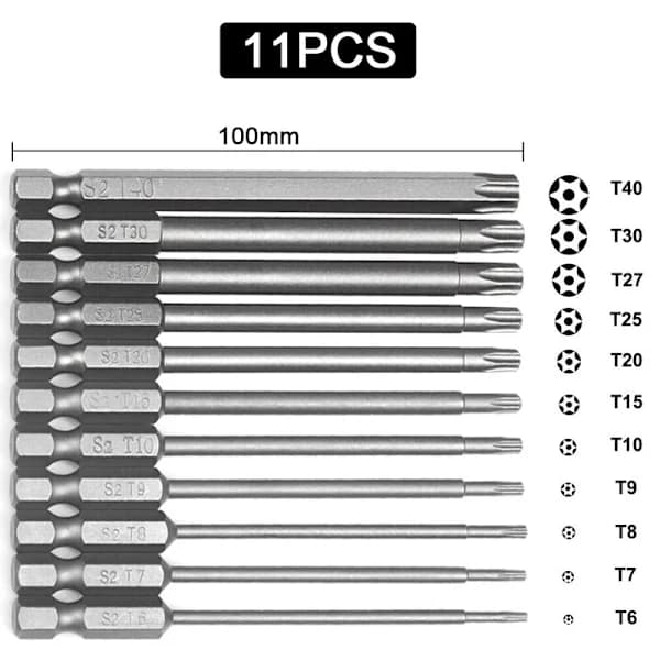 11 pcs Torx Screwdriver Bits Set Hex Security Magnetic Head 50 100mm Extra Long 12pcs 50mm 12pcs 50mm