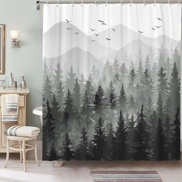 IC Svartvitt Misty Forest Set Grå Grå Ombre Vattentät Tyg Duschdraperier Nature Tree Mountain (72'' × 72'', Svart)