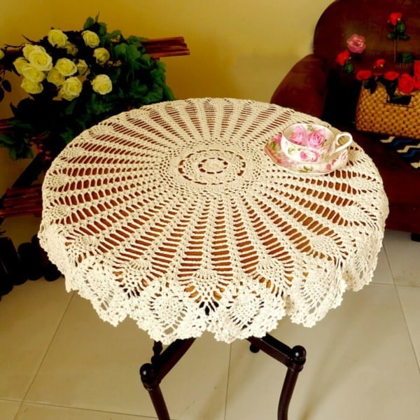 IC Retro duk, rund, spets, handgjord, virkad, bomull, duk/ cover, 65-70 cm, beige, 65-70 cm rund, beige