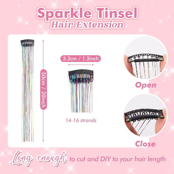IC Clip-in Hårglitterset, 6-pack Glitter Fairy Tinsel Hårtillägg 20 tum Glimmande Hårglitter Värmebeständigt (Färgglatt)