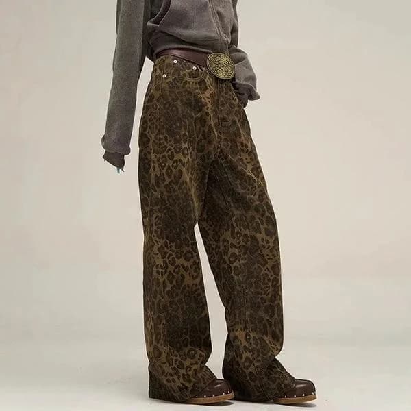 Brune leopardjeans - Dame denim bukser med vide ben - Leopardmønster leopardprint leopardprint M leopard print M