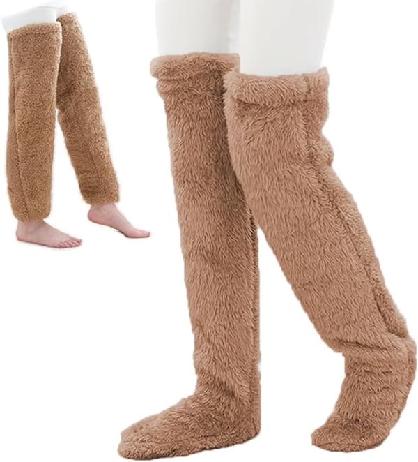 Fleece Over-The-Knee Strømper til Kvinder, Bløde, Plys og Varme, Strækbare Vinter Benvarmere til Hjemmet, Kontoret og Udendørs Brug, Brun