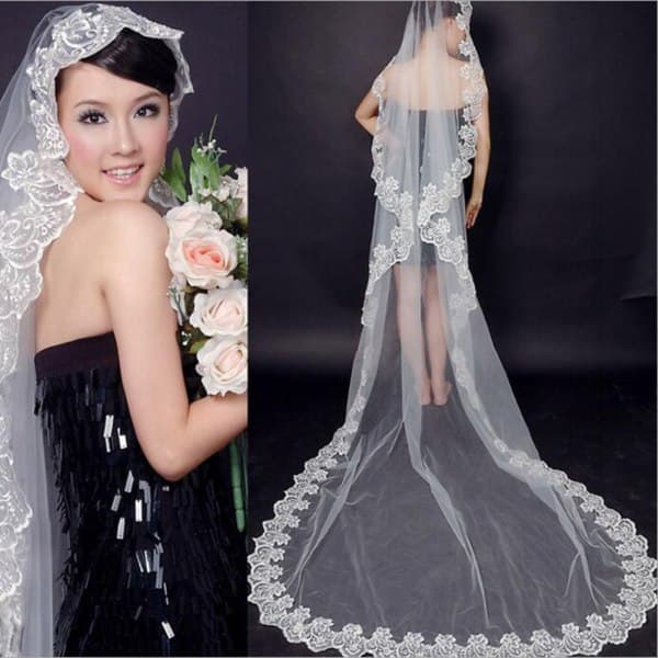 Spetsmantilla med graciös blomkant för bröllop, vit, 1,5 m, 80 cm/300 cm