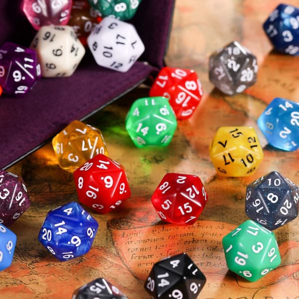 25-delt polyedrisk sæt med sort pose til DND RPG MTG og andre brætspil med tilfældigt flerfarvet sortiment (D20) IC