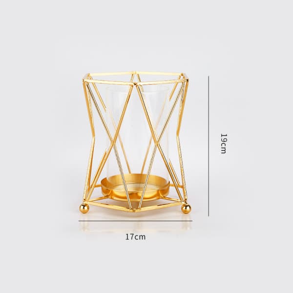 IC Glasvase med geometrisk metallstativ, gullstolpe lysestake