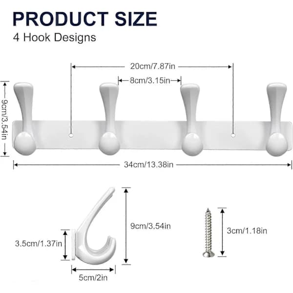 Wall Mounted Hook - Heavy Duty Wall Mounted Coat Rack in Solid Aluminum - Screws Attached Wall Hooks for Hat Towel Robes White White White