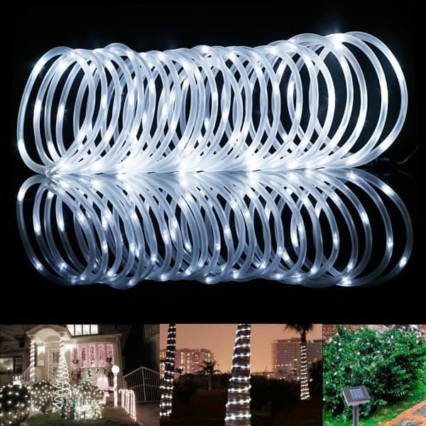 IC 12M Solcellelys Tape, 100 LED utendørs vanntett tau String Lights Rør Tau String Lights for julen Hage Yard Path Gjerde Trær Bakgård (hvit)