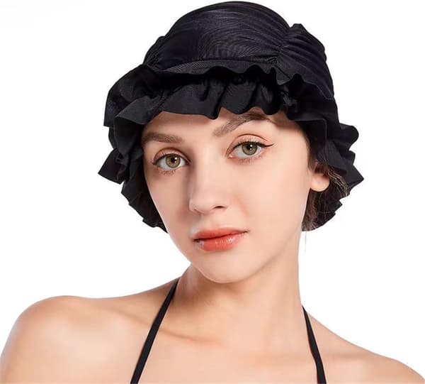 Badehætte - med - flæse - nylon - stretch - komfort - Badetilbehør - Holder - Håret - på plads - Sort