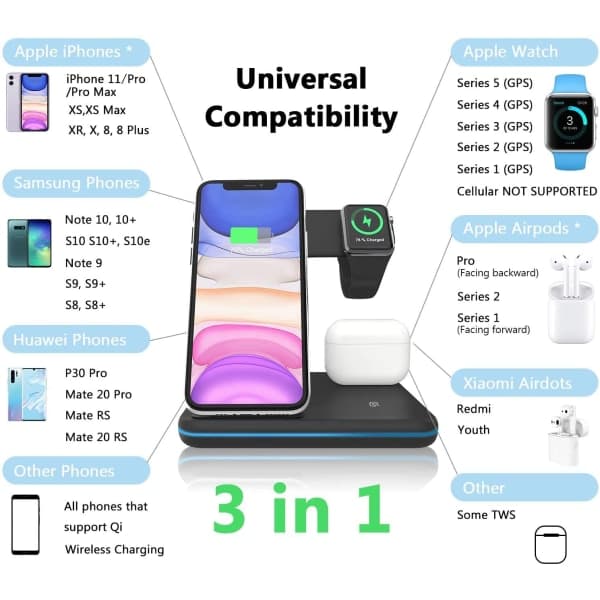 IC Trådløs lader 3 i 1 15W hurtiglading stativ for Apple Schwarz