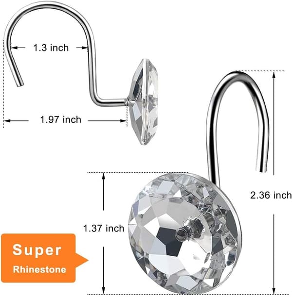 12-pack duschdraperikrokar i rostfritt stål med strass, smidigt glidande ringar för badrumsinredning, silver