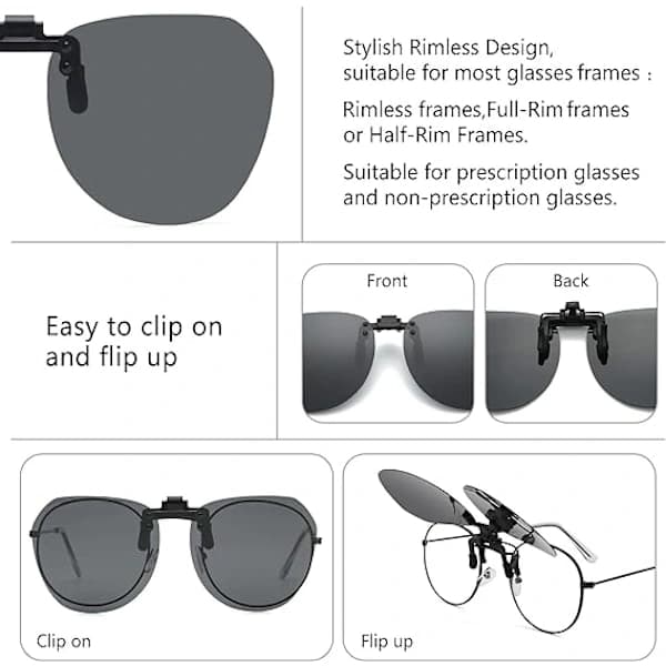 Clip-on solbriller - Polariserte clip-on solbriller over briller unisex, rammeløse polariserte flip-up solbriller