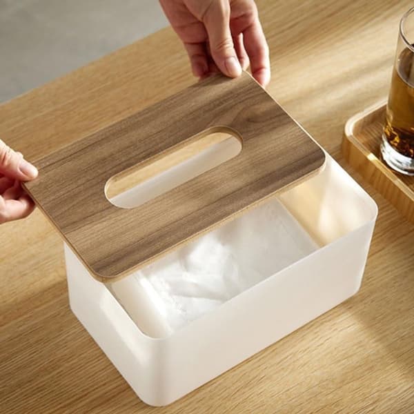 Näsdukslåda med trälock, hållbar PP halkfri rektangulär förvaring för hem, kontor, bil, vit 21x13cm