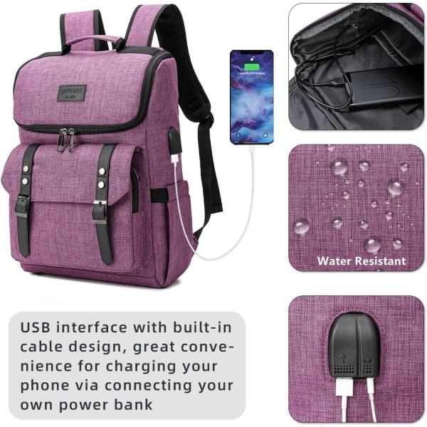 IC Vintage Ryggsäck Rese Laptop Ryggsäck med USB Laddningsport för Kvinnor och Män College Ryggsäck Passar 15,6 tums Bärbar Dator Lila