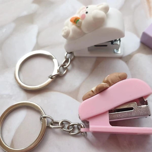 Portable Mini Stapler with Keychain, Rabbit Stapler Set with Cute Bear Case Keychain