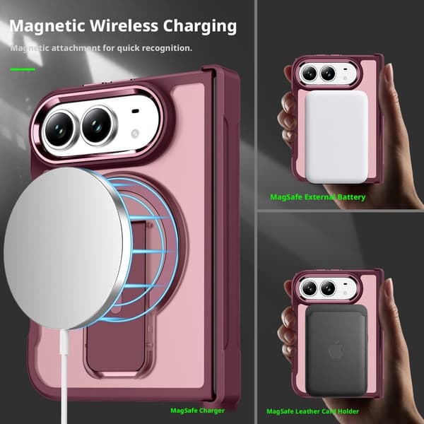 Magnetiskt fodral för iPhone Duo, vikbart telefonskal med justerbart stöd, MagSafe-kompatibelt, PC + TPU stötsäkert, fullt kameraskydd, rött