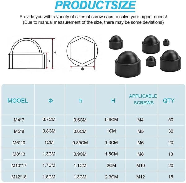 145 stk. Bolt Dome Caps Lock, Sekskantmutterdeksel, Plast Dome Bolt Mutter Beskyttelseshetter