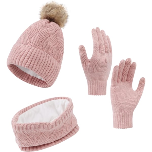 Hætte, tørklæde og handsker sæt til kvinder - vinter beanie handsker strikket sæt gave sæt touch screen handsker til udendørs skiløb PINK One size