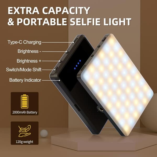 LED Selfie-lys med klips 120 LED Oppladbart bærbart videolys 3 moduser 2000mAh Kompatibel med iPhone iPad Laptop