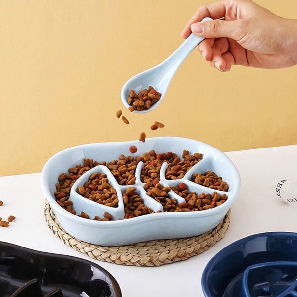 IG Keramiska Långsam Matningshundskålar Kattskål Interaktiv Matningskål blå