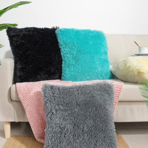 Sæt med 2 Dekorative Pudebetræk 20x20, Sorte Fluffy Pudebetræk Nye Luksuriøse Kunstig Pels Kvadratiske Sofa Pudebetræk