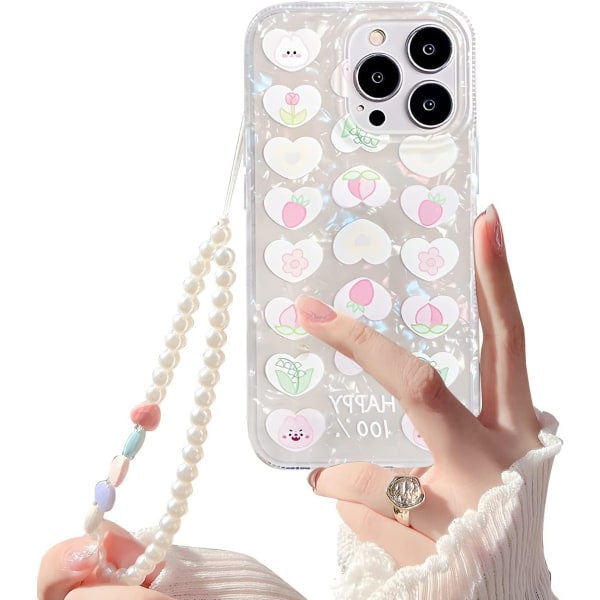 IC Kompatibelt med iPhone 14 Pro Max gjennomsiktig etui, søt tegneserie kjærlighetshjerte blomstermønsterdesign med hjerte Pearl Lanyard håndleddsrem, myk