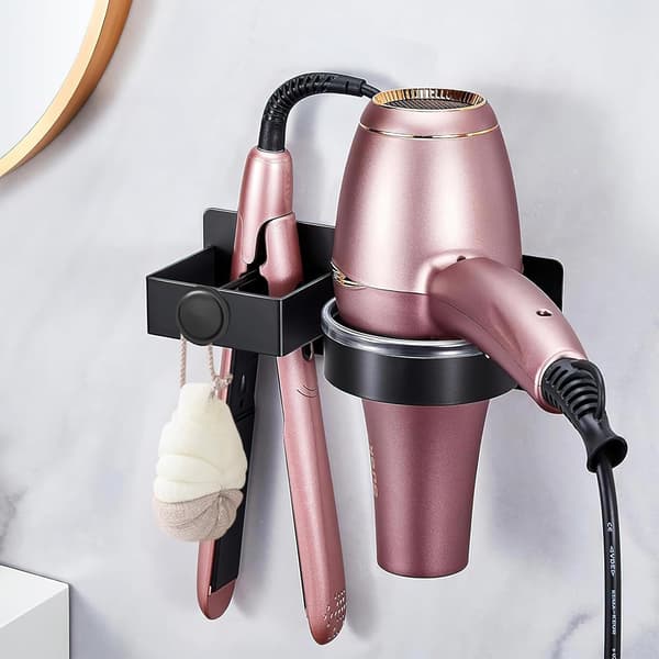 Vægmonteret hårtørrer- og glattejernsholder, varmebestandig aluminiumslegering, ingen boreklæbemiddel eller skruemontering, til badeværelset, sort
