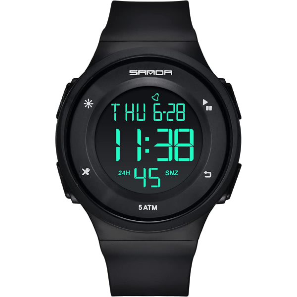 IC Watch, Svart digital klokke for män med väckarklocka/kalender/LED-ljus/nedräkning/stoppur