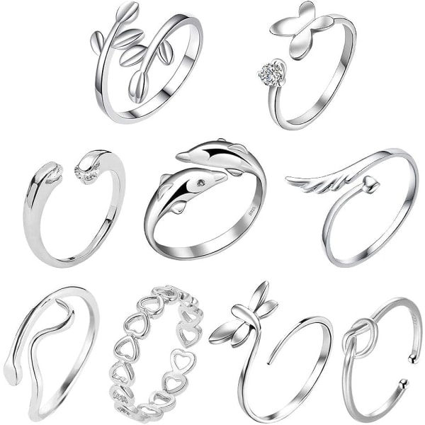 IC 9 st Silver Justerbara Ringar Set Knuten Justerbar Finger Ring Led Ring Tå Ring Strandsmycken Presenter för Kvinnor Flickor