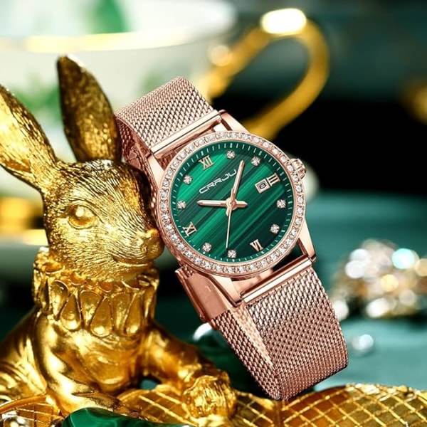 Damklocka IC Vattentät Kristall Minimalistisk Roséguld Mesh Rostfritt Stål Armbandsur Smalt Analog Kvarts Lyx Strass med Datum