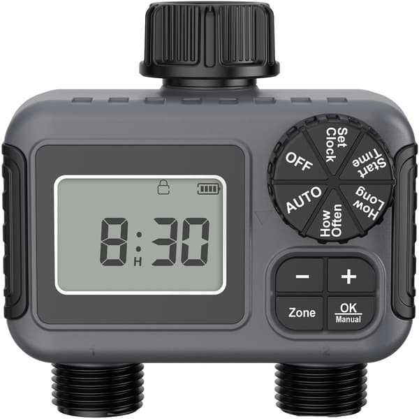 2-zonet vandtimer, programmerbar automatisk dobbeltudløbs-vandingscontroller, IPX5 vandafvisende, til have og græsplæne, 3/4-tommer