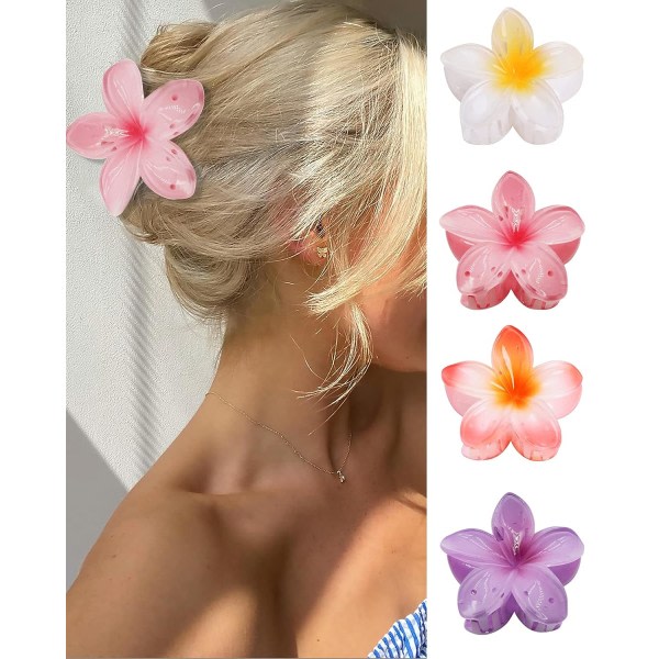IC Flower Hair Claw Clips-4PCS Stora Claw Clips för tjockt hår, starkt grepp halkfria hårklämmor för kvinnor, hawaiiansk (A-4st stor färgglad blomma)