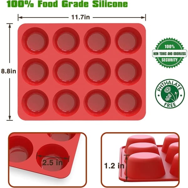 IC Silikon Muffinsforme Non-Stick 12 Kopper, 2,5 Tommer Silikon Muffinsforme - 2-pak Molds til Hjemmelavede Muffins, Cupcakes og 12 Kopper