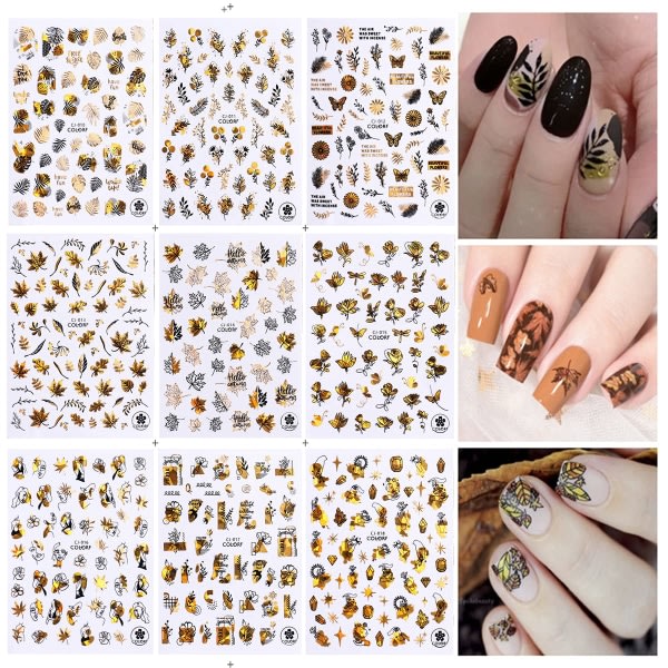 Höst Nagelklistermärken - Lönnlöv, Fjäril, Abstrakt - Thanksgiving 3D Nail Art (9 st)