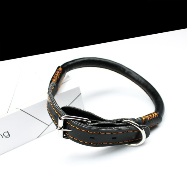 IC Circle T - Ekgarvat läder runt hundhalsband, svart, S