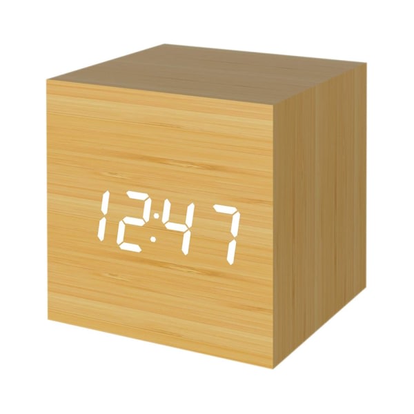 IC Digital väckarklocka i trä, LED-ljus Mini Modern kub skrivbordsväckarklocka visar tid, datum, temperatur för barn, sovrum, hem, resestil 3