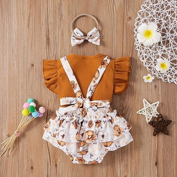 IC Baby flickor sommarkläder set med volangärm topp T-paita blommig hängselshortsit Pannband (brun，70 cm）