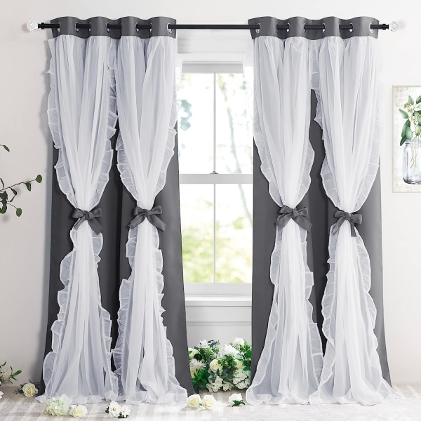 IC Dekorative Vinduebehandlinger Dobbelt Gardin Plisseret Skørtet Landlig Rustik Design, B 132,88 x L 213,36 cm, Grå, 2 stk