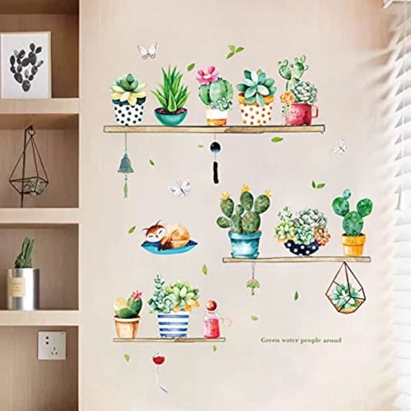 IC Väggdekaler med gröna krukväxter Cartoon Cactus Wall Stickers