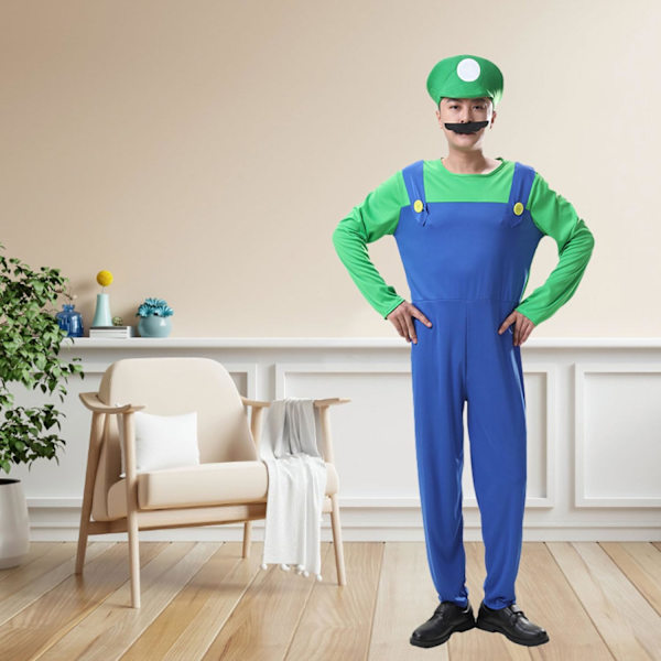 Luigi-dräktset, Luigi-dräkt, Bros, Maskeraddräkt, Kvinnor, Män, Outfit för jul, karneval, maskerad Adult-man-green XL