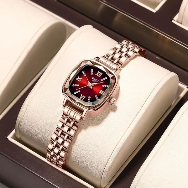 IC Dam Rose Gold Rød Grøn Ur Lille Kvadratisk Elegant Kjole Diamant Analog Kvarts Luksus Klassisk Mode Vandafvisende Rustfrit