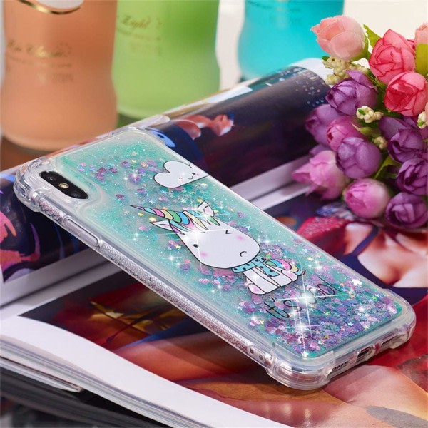 IC Case iPhone Xs Maxille, Grön Unicorn Liquid Glitter Flödande Quicksand case Söt Klar Mjuk Stötsäker TPU Slim Skydd