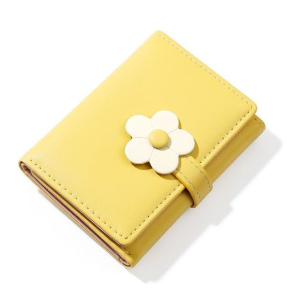 Mini Plånbok Läder Liten Plånbok Dam Söt Plånbok Polyuretan Trippelvikt Plånbok Blommönster Print Plånbok med ID-Fönster Gul