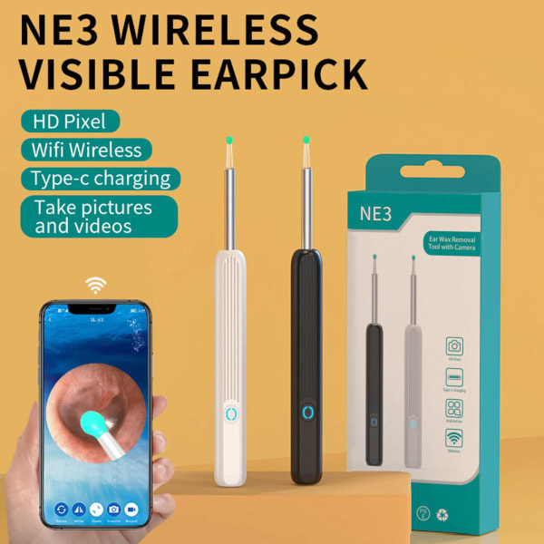 Trådløs HD Ørevoksfjerner Kamera Øre Endoskop Ske Pick Clea NE3 white + 8 piece set