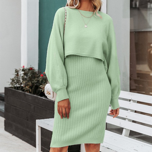 Rajojen yli myyvä neulemekko, kaksiosainen setti, eurooppalaista ja amerikkalaista muotia, yksivärinen naisten neulepusero Light Green One Size