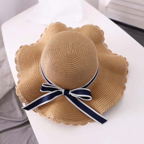 Dame stråsolhat med bred skygge og marineblå sløjfe, foldbar floppy strandhat til sommerferie og rejser, khaki, One Size