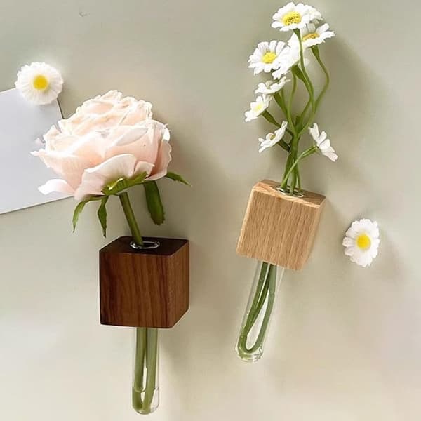 Magnetiske vaser til køleskab - Sæt med 2 - Valnøddetræ & Glas - Minivase til blomster