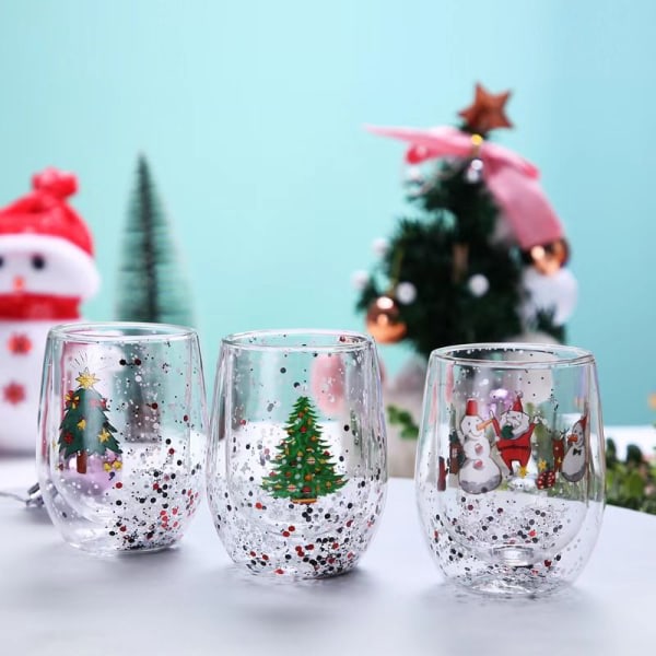 IC 300ml lämmönkestävä kaksoislasinen joulukuppi söpö piirretty lumihiutale joulukuusi maitoastia