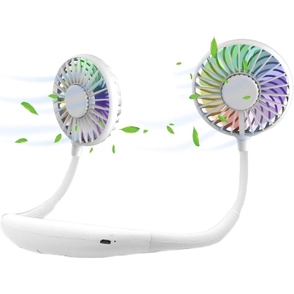 IC Opgraderet version bærbar halsblæser, farveskiftende LED, med aromaterapi, 360° fri rotation og lavere støj, stærkt luftflow Høretelefon design (hvid)