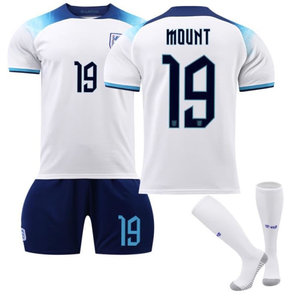 Qatar 2022 World Cup England Home Mount #19 Jersey Fotboll T-skjorter for herr Set Barn Ungdomar fotboll Tröjor Kids 18(100-110cm)
